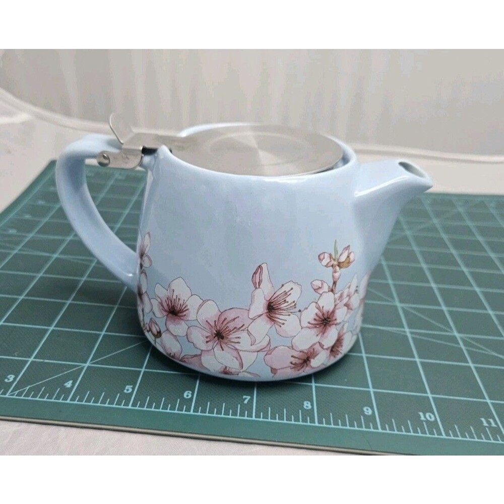 ALFRED Ceramic Stainless Steel Teapot w Infuser 20oz Cherry Blossoms Blue